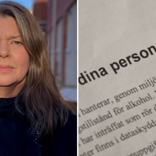 Tvådelad bild med Aili Giselsson , en kvinna, och ett dokument som det står dina personuppgifter på.