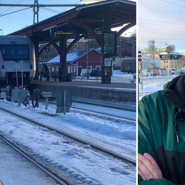 Bilden är ett collage. Till vänster syns ett tåg vid en perrong och till höger är det ett porträttfoto av lokföraren Henrik Persson som är iklädd en grön jacka.