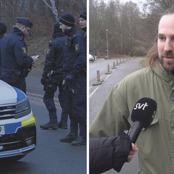 Polisbil till vänster, en pappa i grön jacka till höger