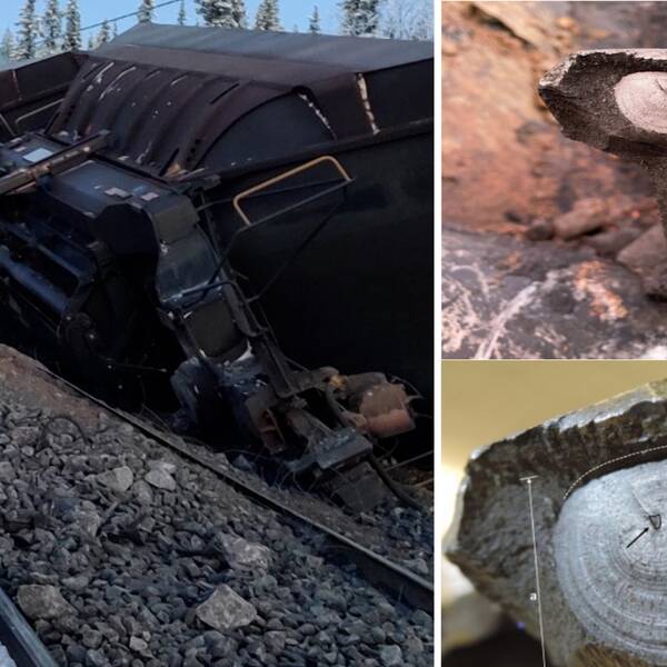 Till vänster ett gäng vagnar liggandes på sidan av rälsen. Till höger två bilder på sprickbildning i spåret som orsakat olyckan.