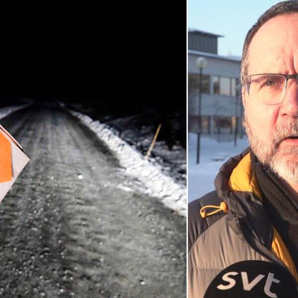 Collage. Bild på en vinterväg och en skylt som visar telefonnumret man ska ringa vid en viltolycka. Bilden till höger är en porträttbild av Joacim Lundqvist, viltsamordnare vid polisen.