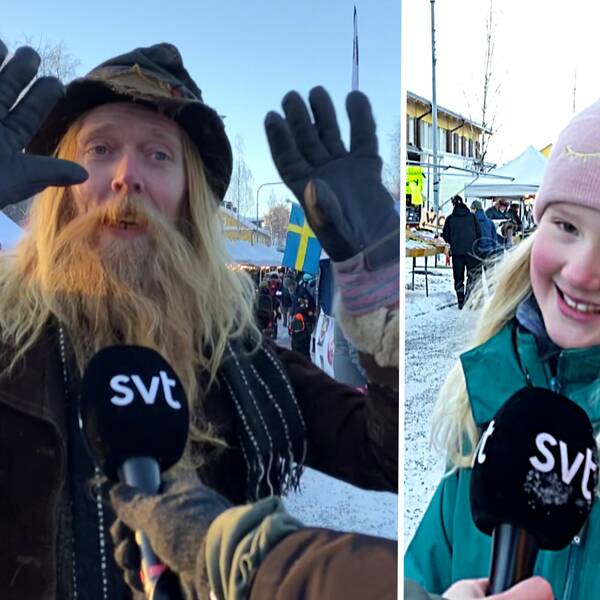 Janpooo Schnitz Rombanani är exalterad över att besöka marknaden efter sin resa från Skåne. Till höger står Jokkmokksbon Ella Öhlund och är glad över att få äta godis mitt i veckan.