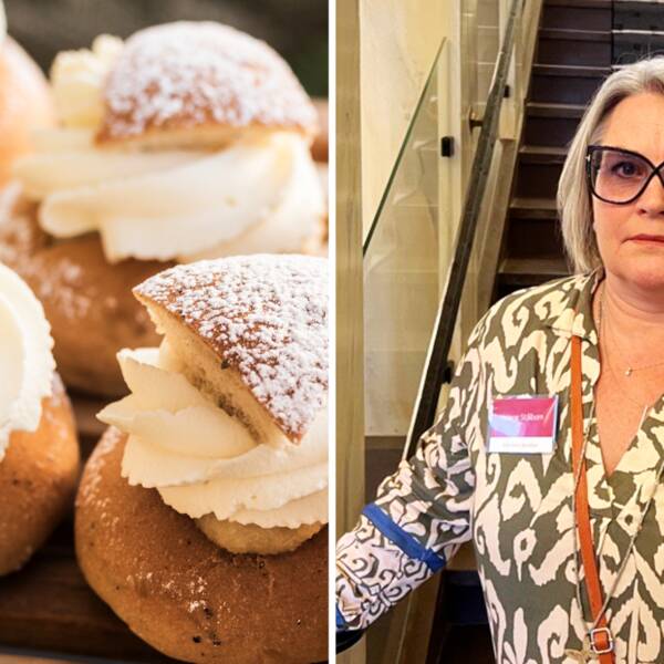 En delad bild på semlor och Helene Stålbom som står längst ner i en trappa.