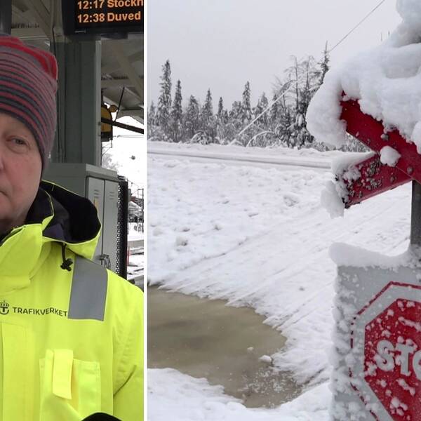 Kjell-Arne Blom på Trafikverket i Jämtland berättar om att man har stora problem med skoteråkare som kör över järnvägen i Storlien. Delad bild. Till vänster Kjell-Arne som är klädd i gul varseljacka och randig mössa. Till höger en skoterled med ett översnöat kryss.