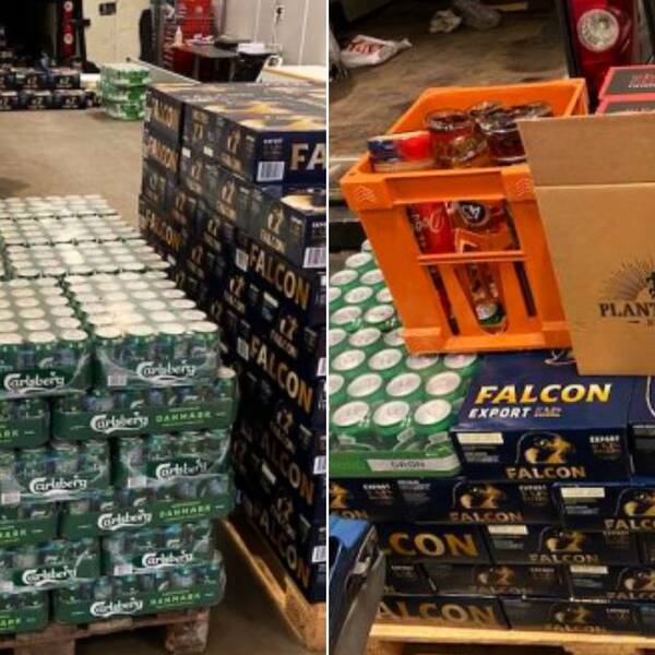 Backar med öl av märket Carlsberg och Falcon, Bilderna är tagna från polisens FUP.
