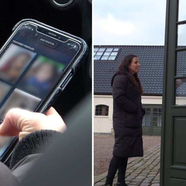 Mobiltelefon med blurrade bilder på en sugardejtning sajt. Delad bild med SVTs reporter Frida Björk som står utanför en dörr, bakom dörren står  Allan Pettersson som är Sugardaters vd.