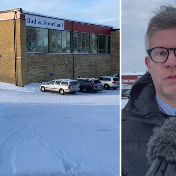 Till vänster står bilarna parkerade framför badhus som sitter ihop med sporthallen. Till höger står Mattias Kenttä och berättar om badhusets situation.