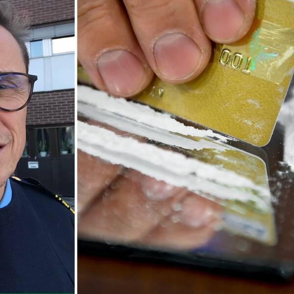 Delad bild. Till vänster en man i polisuniform, till höger vitt pulver på en spegel som en hand formar linor av med hjälp av ett betalkort.