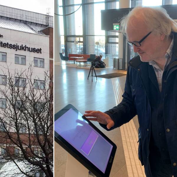En fasadbild på Universitetssjukhuset i Örebro och en synskadad man som hanterar en tryckskärm.
