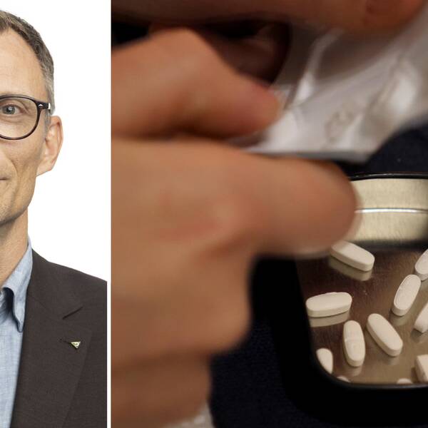 Tvådelad bild med Peter Amundin, enhetschef för läkemedel och hjälpmedel i Västra Götalandsregionen, och en hand som trycker ut piller ur en pillerkarta.