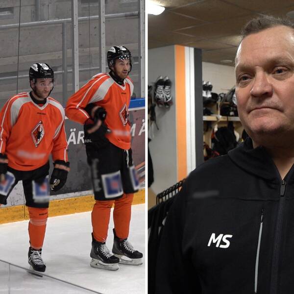 Till vänster i bild syns tre ishockeyspelare med orangea tröjor. Till höger i bild står Karlskrona HK:s tränare Magnus Sundquist.