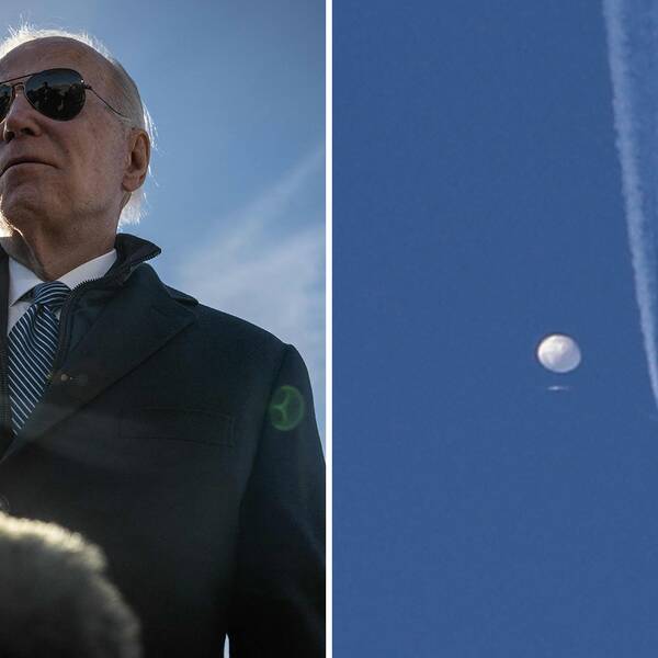 Bild på Joe Biden bredvid bild på ett flygplan vid luftballongen.
