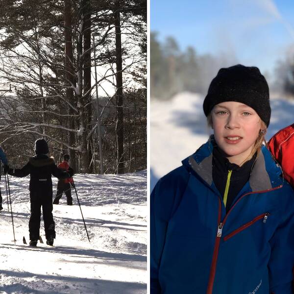 Nina och Uno är ute och åker längdskidor i Härryda. 