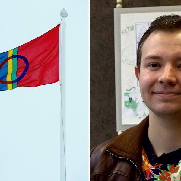 Sapmis flagga, delad bild med en man (Levi Karvonen) i skinnjacka han ler och kollar in i kameran, det är Samernas nationaldag i Göteborg.