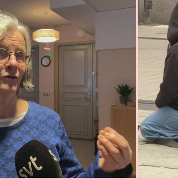 Till vänster Meta Wiborgh som verkligen vill ha hjälp från Regionen och visar det genom att hytta med näven. Till höger en papperslös på gatan.