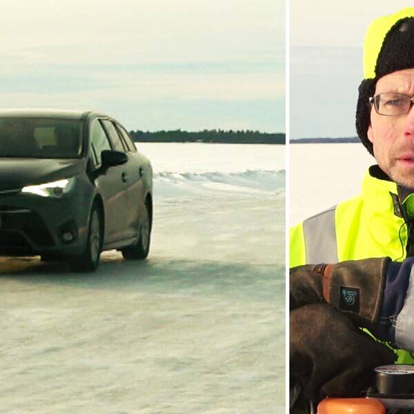 En bil körandes ut till Hindersön samt entreprenören Robert Backlund som jobbar med att hålla isvägen öppen.