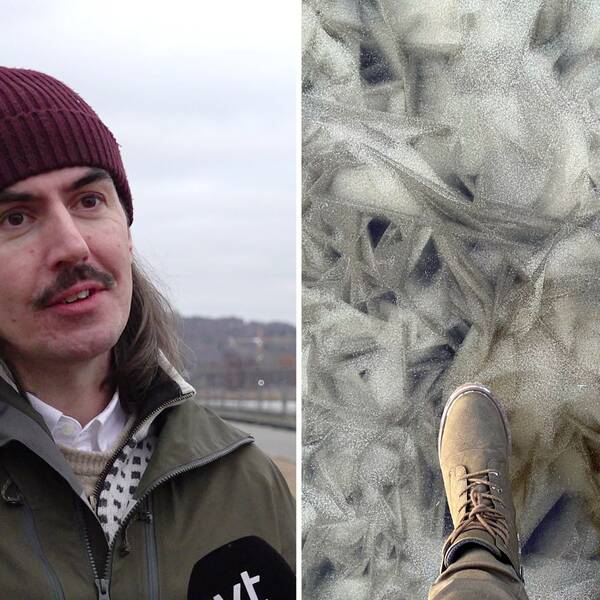 SMHI:s forskare Per Pemberton har långt mörkt hår och mustasch. Han har en vinröd mössa och mörkgrön jacka. Till höger om honom en bild på två fötter som står på is, fotat uppifrån.