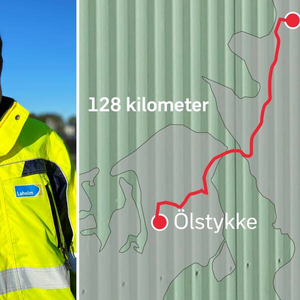 Till vänster en bild på en man i reflexjacka, till höger en karta som visar vägen mellan Laholm och Ölstykke i Danmark. 