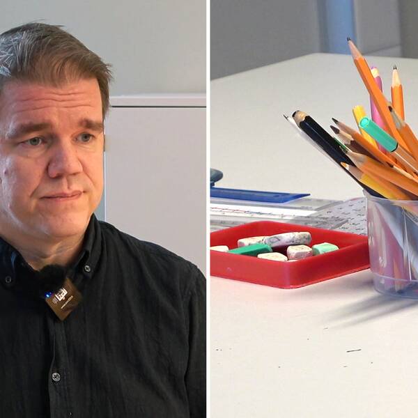 Kollage: Till vänster en bild på Micael Bergström, tf. rektor på Storsjöskolan i Holmsund som har kort mörkt hår och svart skjorta. Han sitter i kontorsmiljö. Allra längst till vänster syns en grafik i rött med en vit pratbubbla som har tre prickar. Till höger en skolbänk med pennor och sudd.