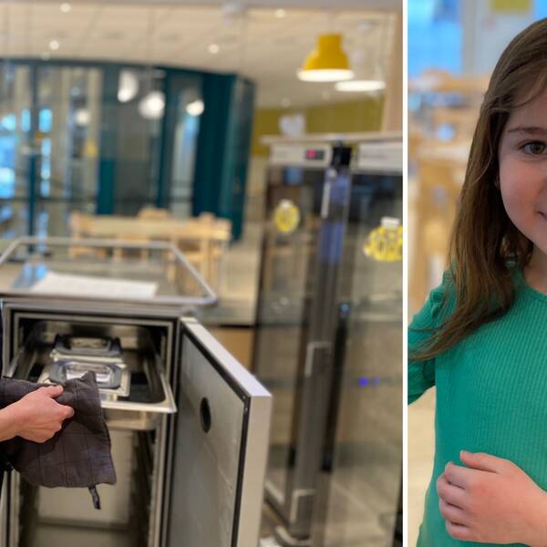Bilden är delad i två. Den vänstra bilden är en bild på en kvinna I 35-årsålden med kockkläder. Bredvid henne står en vagn med ugnsformar i och i bakgrunden skymtar en matsal. Den högra bilden är en porträttbild på en sexårig flicka. Hon har på sig en grön tröja, har långt brunt hår och bruna ögon. Hon tittar in i kameran och ler.