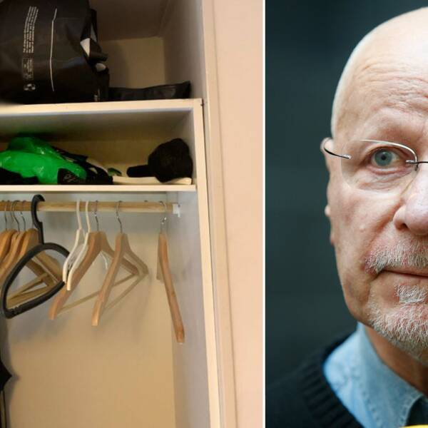 Bild på sprängmedlet i mannens garderob, ur polisens förundersökning. Till höger ett porträtt på Sven-Erik Alhem. 