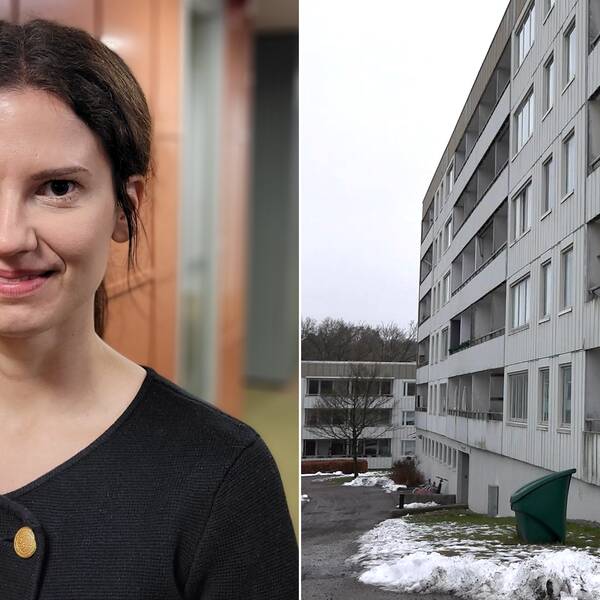 Madeleine Wiik, förhandlare Hyresgästföreningen och gråa flerfamiljshus