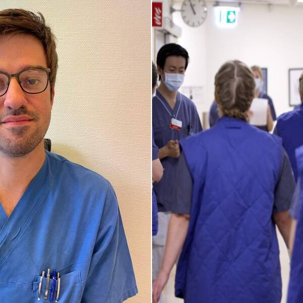 Till vänster: Dario Tesan. Till höger: flera sjuksköterskor går i en korrdior på sjukhuset. 