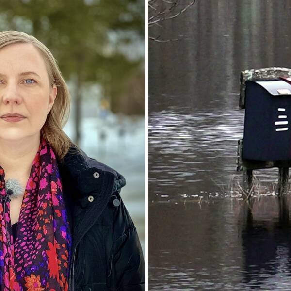 En kvinna, delad bild med brevlådor som står i högt vatten