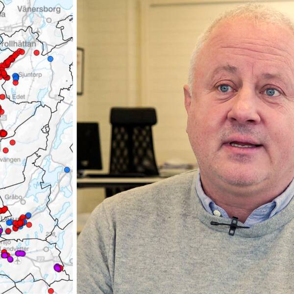 Till vänster en bild på en karta som visar risk för jordskred i området kring göta älv. Till höger en porträttbild på mäklaren Niclas Grönvall.