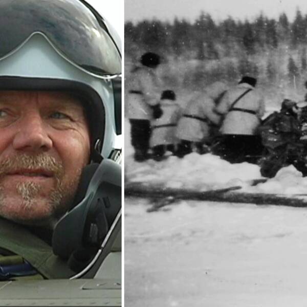 Flyghistorikern och förre stridspiloten Alf Ingesson Thoor och en arkivbild på det kraschade flygplanet på sjön Poustijärvi.