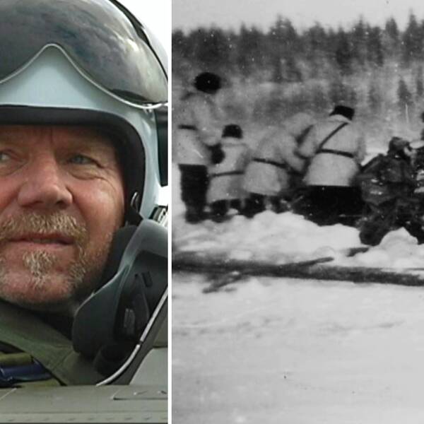 Flyghistorikern och förre stridspiloten Alf Ingesson Thoor och en arkivbild på det kraschade flygplanet på sjön Poustijärvi.