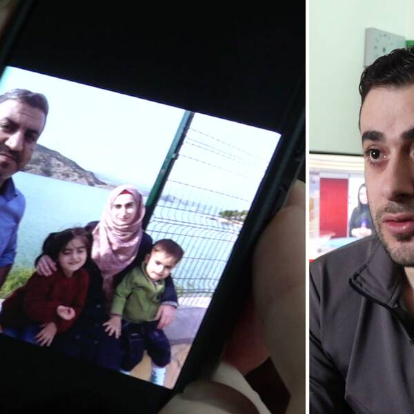 Till vänster en bild på Ahmed Hindawis systers familj som delvis saknas efter jordbävningarna i Turkiet. Till höger en bild på en man i 30-års åldern, Ahmed Hindawi.