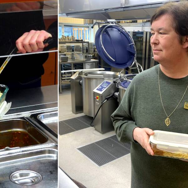 Maria Sjödahl Nilsson, kostchef i Karlskoga kommun med en matlåda i handen