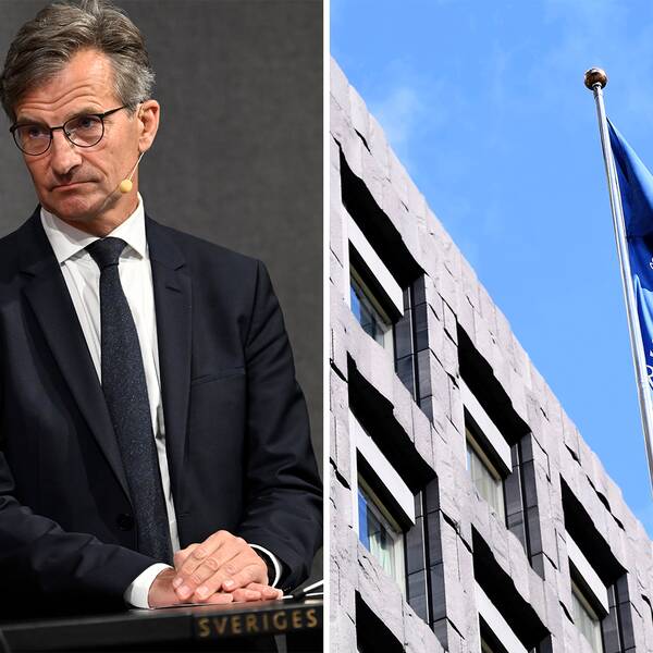 Riksbankschefen Eric Thedéen / Riksbankens fasad och flagga utanför.