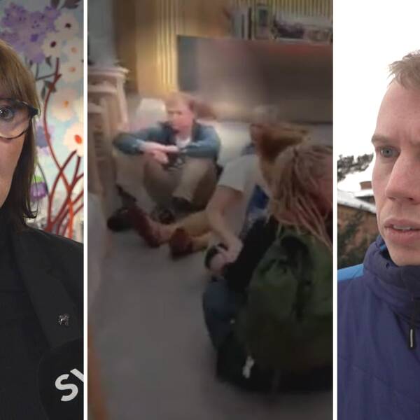 en kvinna i brillor, en klimataktion med sittande aktivister, och en ung läkare