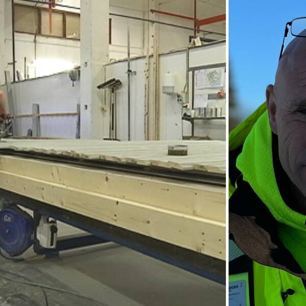 En delad bild där en arbetare som arbetar med trästomme syns till vänster och en man med glasögonen uppskjutna på hjässan syns till höger.