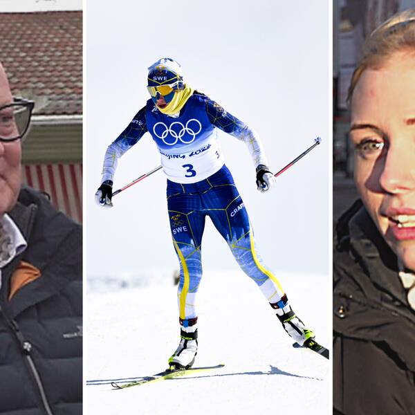 en man i glasöon, flintskallig, en skidåkare i vinter-OS, och en blond kvinna i solljus.