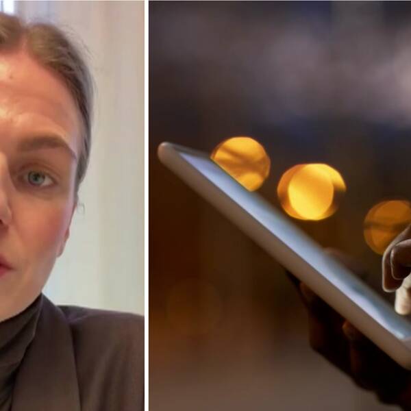 Till vänster syns Ecpat:s utredare Eline Bogen som sitter framför ett fönster och tittar in i kameran. Till höger en bild på en anonym person som tittar i en mobiltelefon.