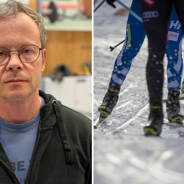 en man med tunna svarta glasögon som är idrottsprofessor, och till höger några ben (de åker längdskidor)
