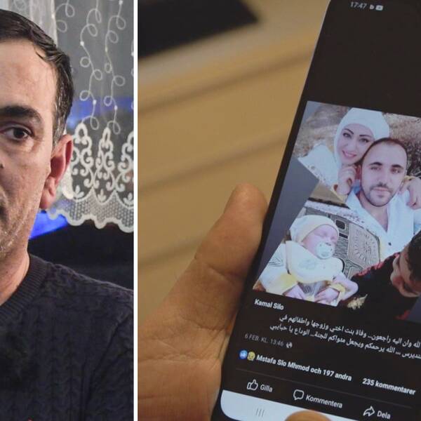 En tvådelad bild, till vänster en porträttbild på Kamal Mahmoud och till höger en bild på en mobiltelefon. På mobiltelefonen är en bild med ett ungt par och två barn.