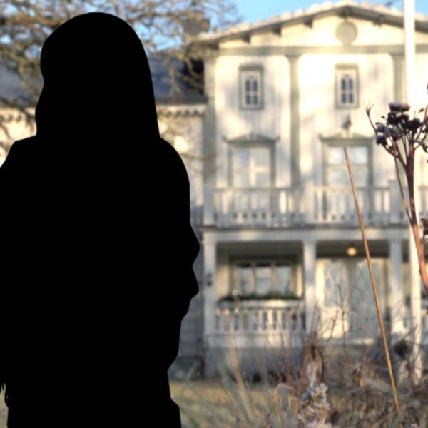 Montage: en svart silhuett framför exteriör av Mölnbacka ungdomshem (en stor vit villa)
