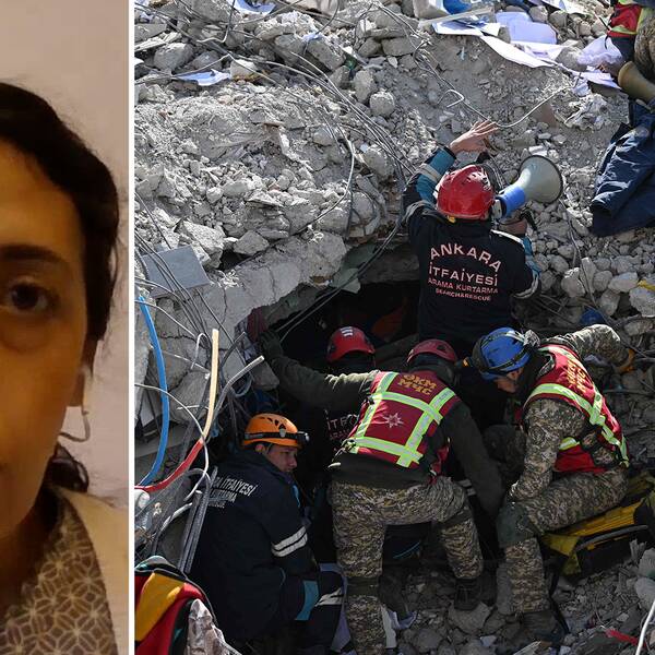 Bild på Katrin Kisswani och bild på räddningsarbetare vid rasmassor i Turkiet.