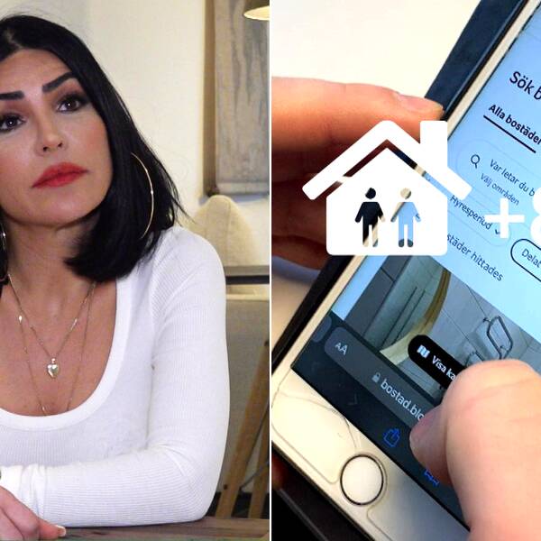 Maria Ghaedi en kvinna i vit tröja. Och en mobiltelefon som ska illustrera bostadsuthyrning