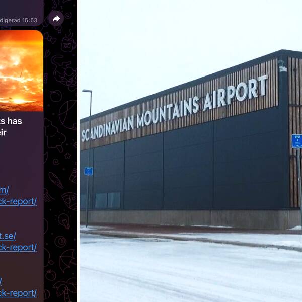 en skärmdump från Telegram och sälens flygplats utvändigt.