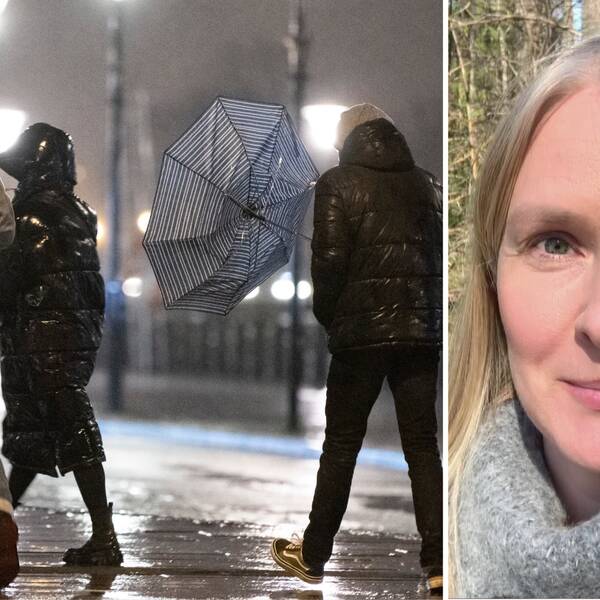 Till vänster: flera personer kämpar mot vinden. Till höger: SVT:s meteorolog Jannicke Geitskaret