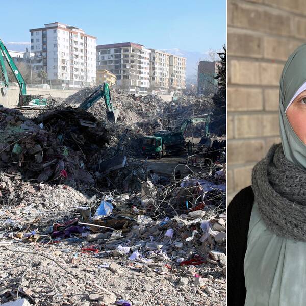 Bild på raserade hus i Kahramanmaras i Turkiet efter jordbävningen och en kvinna framför en tegelvägg. Kvinnan heter Gudlaug Hilmarsdottir och är kontaktperson för Islamiska kulturföreningen i Ronneby.