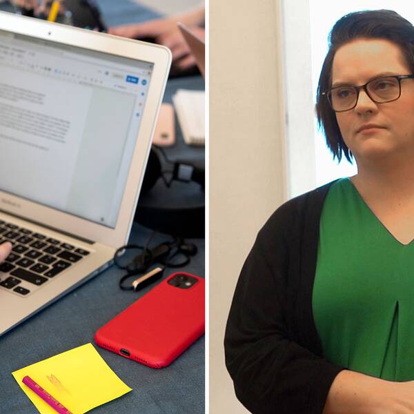 närbild kvinnohand som skriver på laptop, samt en kvinna som intervjuas