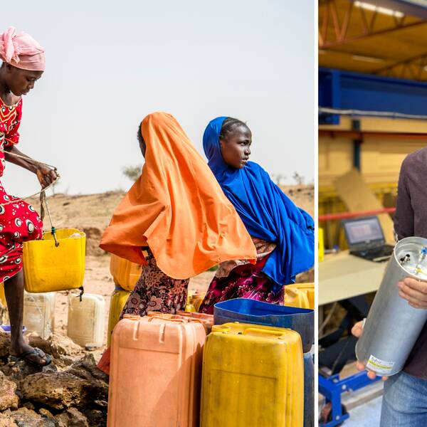 Tvådelad bild. Till vänster fyra kvinnor i Afrika som bär vatten, till höger flintskallig man med en vattenrenare.
