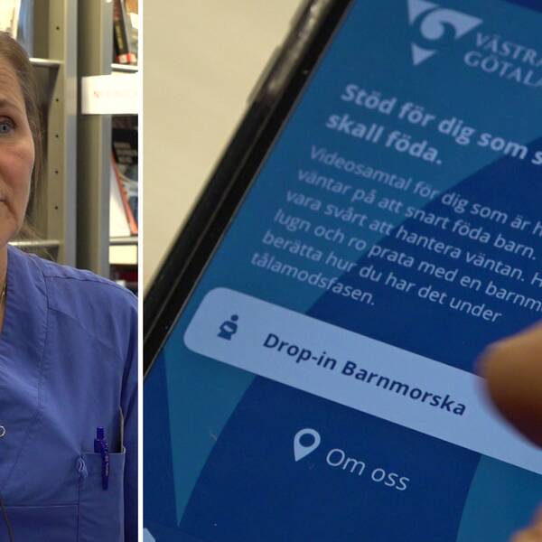 Tvådelad bild: Barnmorskan Viola Nyman och en mobilskärm som visar en inloggning till tjänsten drop in-barnmorska på skärmen.
