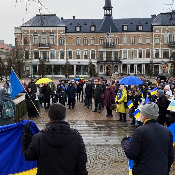 Ett torg med människor många håller den gulblå ukrainska flaggan